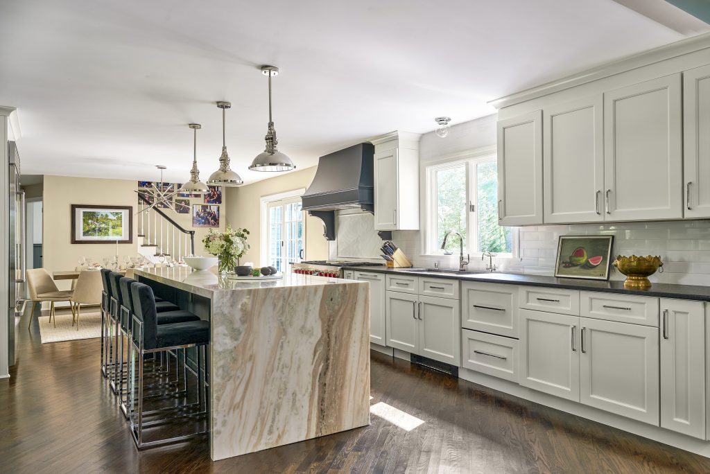 Franklin Lakes New Jersey Kitchen and Marbled Waterfall Island Renovations